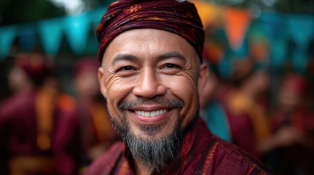 A warm portrait of a smiling man wearing traditional attire, radiating positivity and cultural pride while embodying the essence of community and connection in his setting.