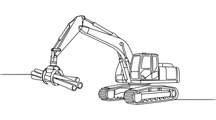 Obraz premium Excavator with Hydraulic Grabber Lifting Pipes, Continuous Line Drawing
