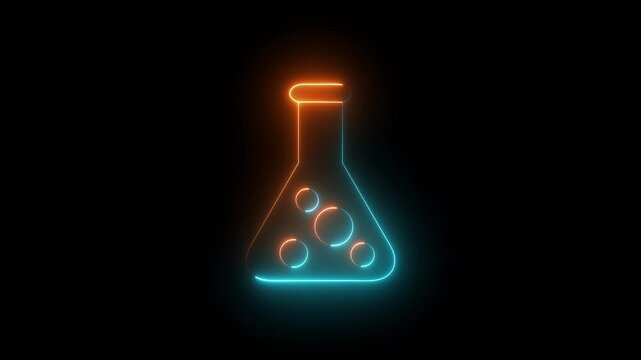 Neon glowing chemistry flask icon with bubbles inside isolated on a dark black background representing science research and laboratory experiments in a modern digital style