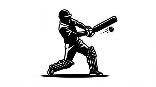 Cricket player hitting the ball. Silhouette of a batsman playing a powerful cricket shot.
