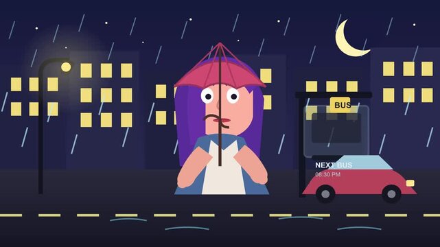 Flat design animation of girl with umbrella in rain, rainy city night with bus stop and moon, cartoon urban street scene with rain drops