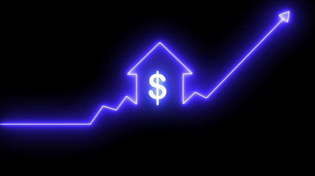 Glowing blue neon light line showing a rising financial chart graph movement on a dark black background representing growth progress and success in business data analysis technology concept