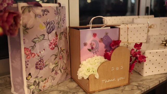 Close-up shot features beautifully arranged gift bags, delicate flowers, and elegant packaging on a marble surface, warmly lit in an indoor evening setting, evoking celebration and gratitude.