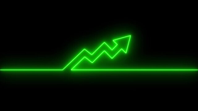 Bright green neon glowing rising line graph showing financial growth and success progress on a dark background for business and data analysis presentation