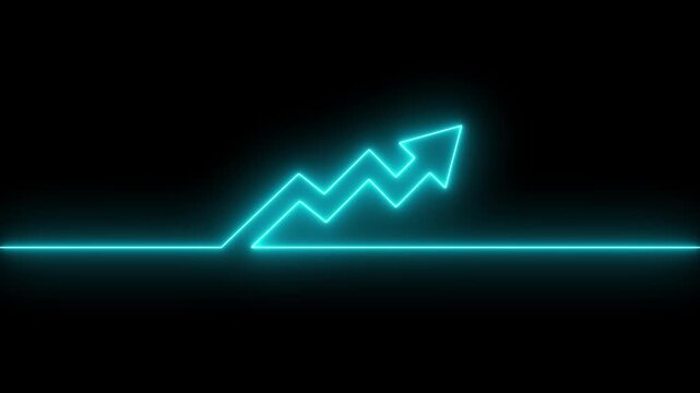 Bright neon blue glowing line chart showing upward progress and financial growth trend isolated on a dark black background representing business success data analytics and digital performance metrics