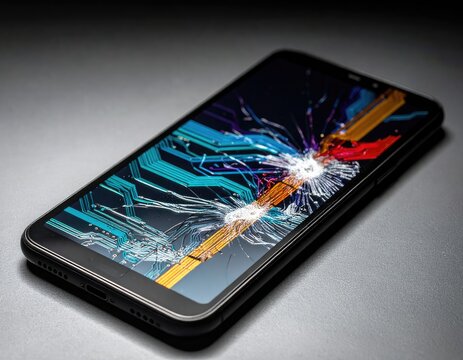Modern smartphone with a severely shattered screen displays vibrant circuitry
