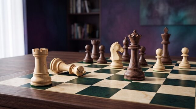 Dramatic close-up of wooden chess pieces on a classic board, symbolizing strategy, leadership, competition, decision-making, intelligence, and victory.