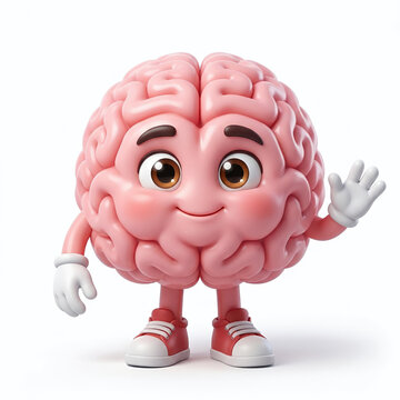 Cute 3D Cartoon Brain Character Waving Hello Isolated on White Background