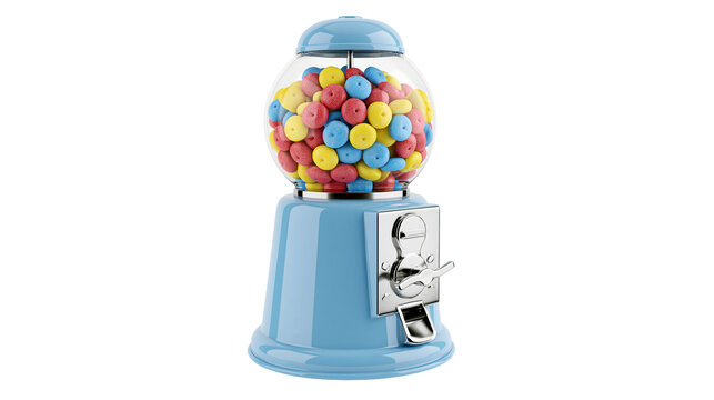 Blue gumball machine filled with colorful candies