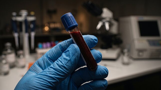 Gloved hand holding blood sample tube in medical laboratory with dark red specimen, diagnostic testing, clinical research and phlebotomy analysis