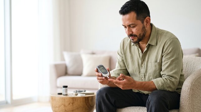 Hispanic man checking blood glucose with a glucometer at home in a bright living room, managing diabetes during a quiet self care routine
