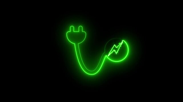Glowing green electric plug icon with a lightning bolt symbol representing sustainable clean energy and power connection technology isolated on a dark background