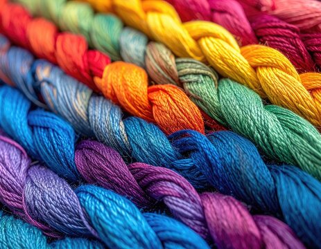 Colorful threads are neatly arranged in braided strands, creating a vibrant spectrum