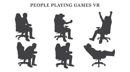 Gamer Playing Video Games Vector Silhouette Set VR Headset Gaming Chair Controller Console Victory and Relaxed Poses © MkJutt