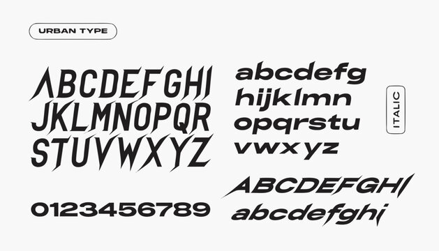 Very beautiful black and white realistic vector illustration of a MODERN BOLD URBAN FONT featuring a bold typography label reading "URBAN TYPE", engraved uppercase and lowercase letters, numerals, ita