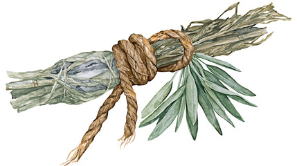 Sage smudge stick with rope tie and green leaves © Lysander