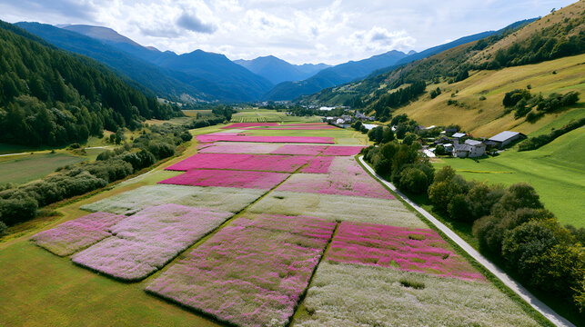 Vibrant mountain valley flower fields