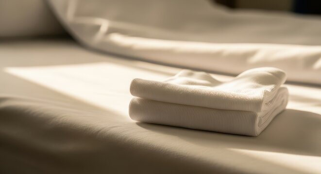 Clean white folded towels stacked on a neatly made bed with soft sunlight illuminating the scene