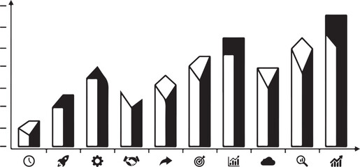 Obraz premium Minimalist business bar chart with growth icons, black and white financial data visualization vector, professional corporate infographic elements isolated on Transparent Background