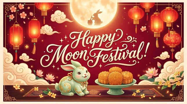 Happy moon festival greeting card with cute jade rabbit, mooncakes, glowing lanterns, and full moon in traditional chinese style illustration