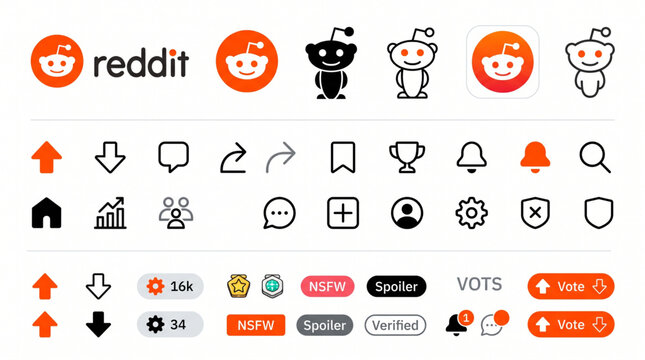 Set of Reddit mobile application user interface icons and UI kit elements including snoo logo, upvote, downvote, comment, share, notification, search, badge, button, and navigation symbols layout kit.