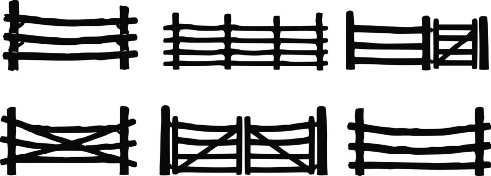 Set of black wooden fence silhouettes with farm gates isolated on a white background for rustic design elements isolated on white background
