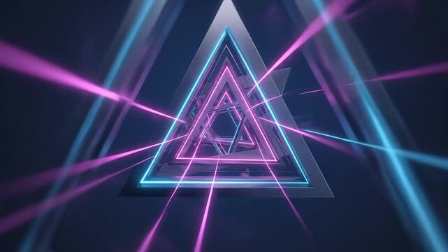 Vibrant neon geometric tunnel with glowing triangular patterns and dynamic laser light effects in a futuristic digital environment