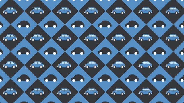 青色の乗用車を並べた斜市松模様の背景アニメーション／A diagonal checkered background animation featuring rows of blue passenger cars
