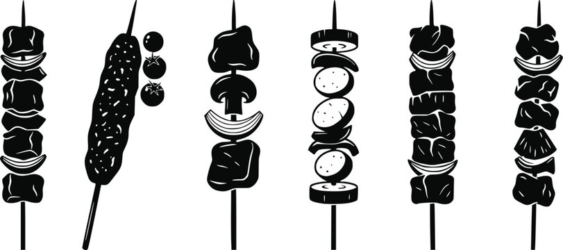 Set of black silhouette barbecue skewers with meat and vegetables isolated on a clean white background isolated on white background