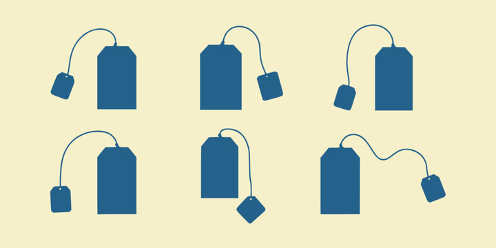 Set of blue tea bag silhouettes with strings and tags isolated on a solid white background for design isolated on white background