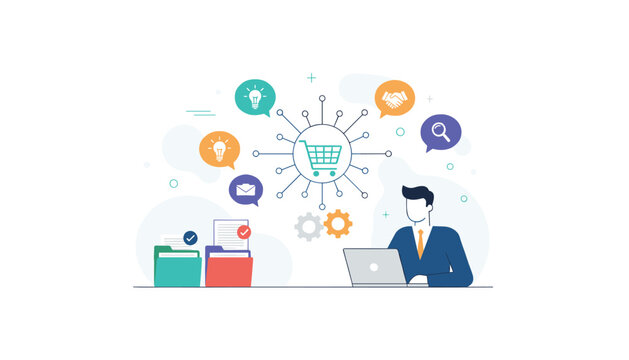 E-commerce entrepreneur managing online sales and files on his laptop with circular connections to core business tools.