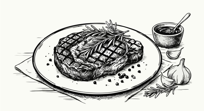 Grilled Ribeye Steak on Plate with Rosemary, Garlic, and Sauce &mdash; Hand-Drawn Ink Illustration