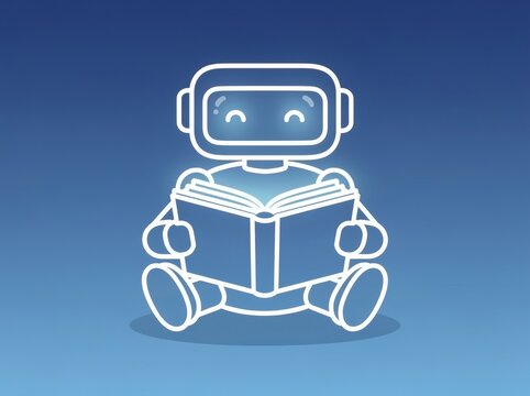 Robot reading a book features a glowing outline style against a soft blue gradient background.