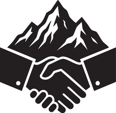 Two handsshake over a stylized mountain silhouette representing business partnership or agreement in a corporate setting.