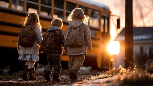 Three children with backpacks stroll homeward in golden sunlight, approaching a school bus, embodying the spirit of youth, adventure, and the joy of childhood memories.
