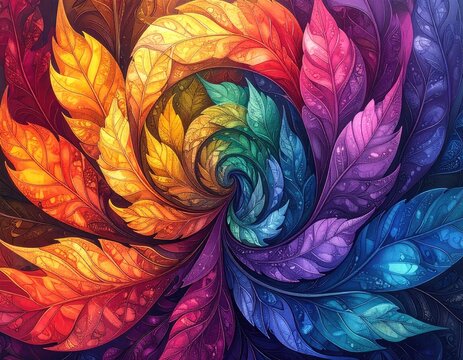 Vibrant, swirling, colorful, feathered pattern radiating from a central point