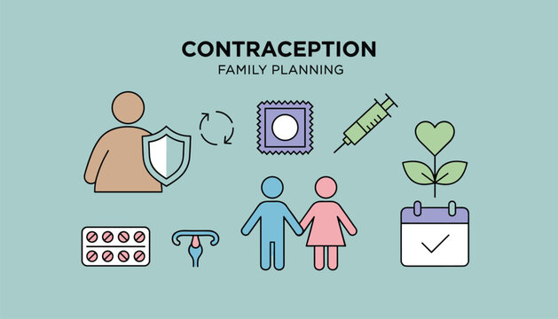 Set of contraception and family planning icons representing various modern methods of safe sex and birth control.