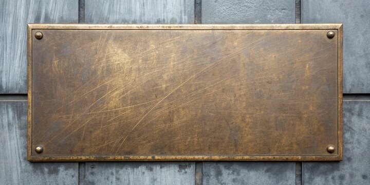 Weathered brass plaque with brushed texture attached to distressed gray wood planks with subtle lighting