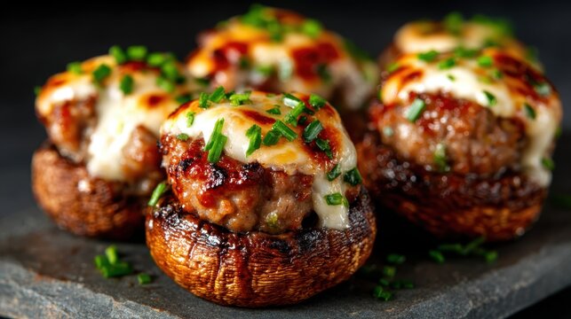 A tempting arrangement of stuffed mushrooms topped with melted cheese and herbs, showcasing culinary artistry and inviting flavors that excite the senses.