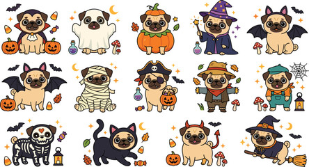Obraz premium Cute Halloween Pug Dog Vector Sticker Set Wearing Costumes Including Witch Vampire Ghost Mummy and Pirate for Holiday Graphic Designs