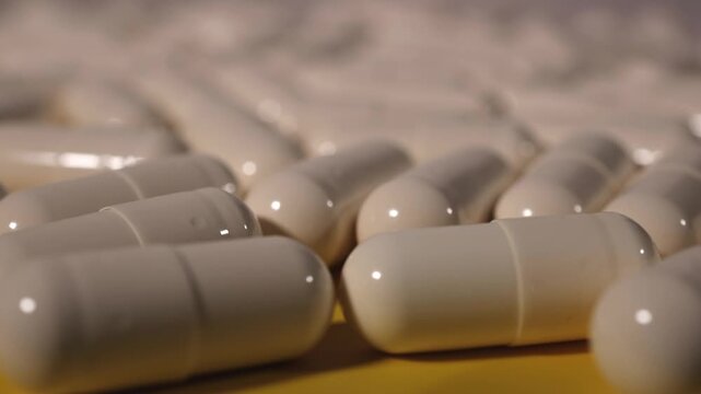 Medical capsules. White capsules. Yellow background. Slow motion video. High quality 4k footage