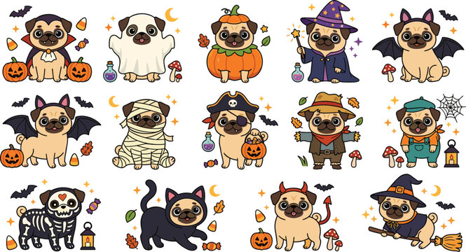 Cute Halloween Pug Dog Vector Sticker Set Wearing Costumes Including Witch Vampire Ghost Mummy and Pirate for Holiday Graphic Designs