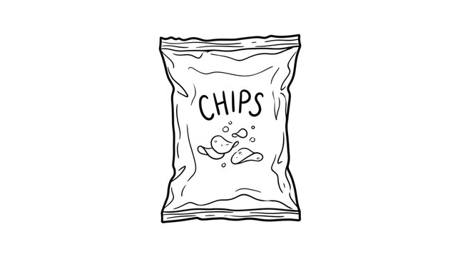 Hand-drawn potato chips bag illustration, minimalist snack packaging sketch, black and white line art of a salty crisps packet on white background