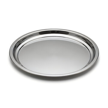 Shiny silver metal round serving tray isolated on white background studio shot.