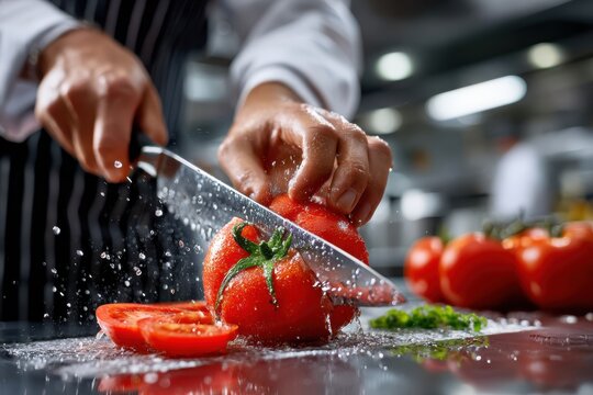 Chef slicing fresh red tomatoes with sharp knife