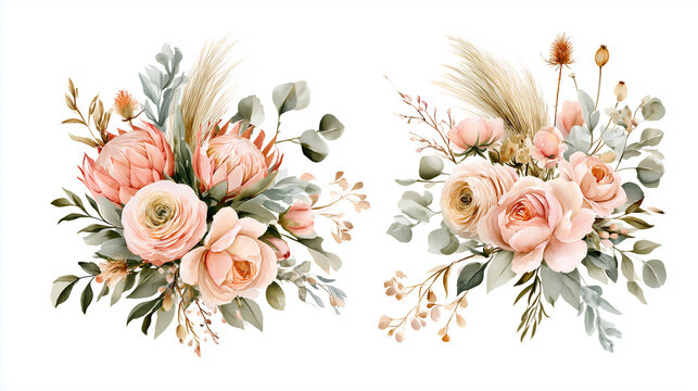 Elegant watercolor floral bouquets featuring peach roses, proteas, and eucalyptus leaves. Bohemian style flower arrangements for wedding invitations, stationery, and romantic greeting card designs.