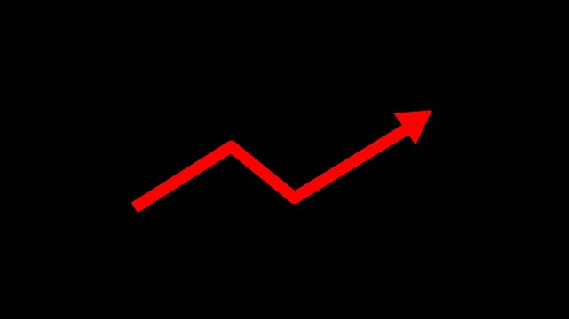 Red upward trend arrow chart animation representing growth, increase, progress, financial performance, statistics, and business success with alpha channel