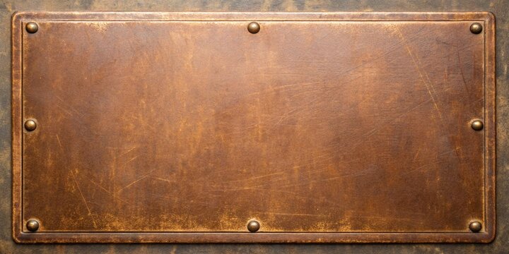 Weathered bronze plaque with rivets on textured background for copy space