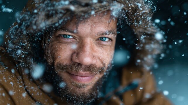 A joyful man with a rugged beard smiles warmly amidst falling snowflakes, showcasing the beauty and magic of winter, capturing a moment of happiness in a snowy landscape.