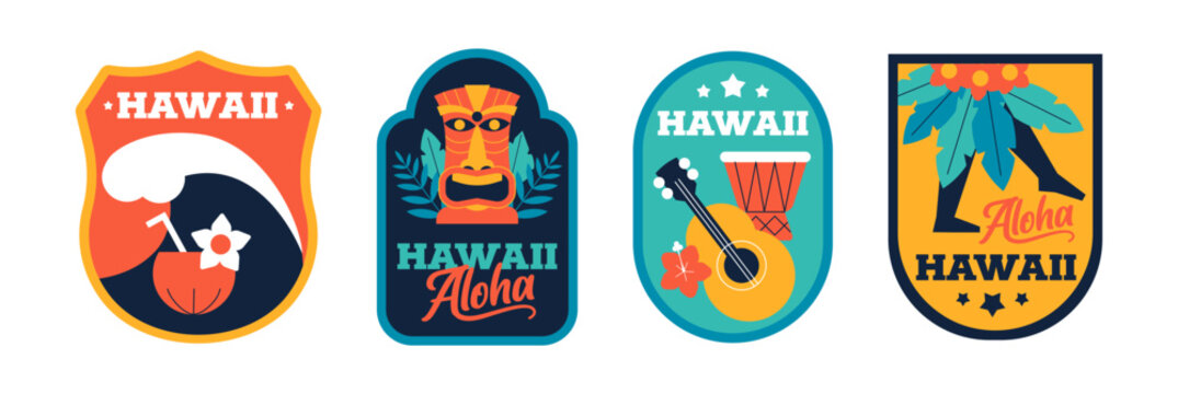 Hawaii Retro Badge Set, Geometric Flat Design Stickers, Patches and Labels. Holidays elements